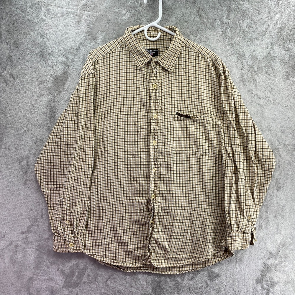 Ralph Lauren Jeans Co Tan Plaid Shirt Mens L 100% Cotton Button Down Long Sleeve